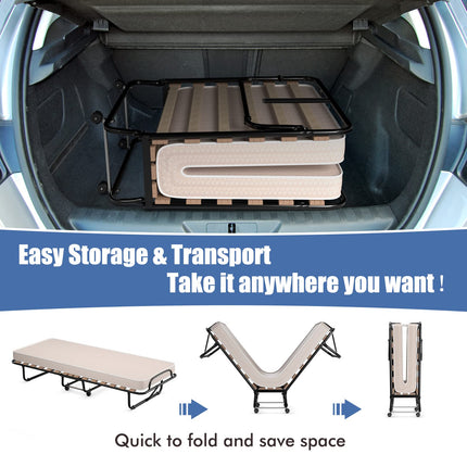 Dreamade Folding Bed with Mattress for Adults, 75" x 32" Rollaway Guest Beds w/ 3 Inch Foam Mattress & Sturdy Metal Frame