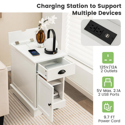 Dreamade End Table with Charging Station Set of 2, Flip Top Side Table with USB Ports and Outlets, White