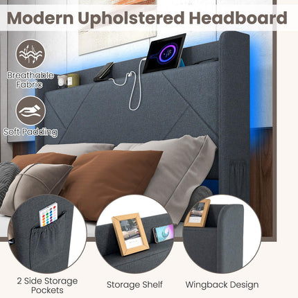 Dreamade Full/Queen Size Bed Frame with 4 Storage Drawers & LED Lights, Headboard & Charging Station, Wooden Slats, Easy Assembly, Grey