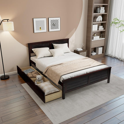 Dreamade Wood Full Size Bed Frame with 2 Storage Drawers, Solid Wood Platform Bed with Headboard