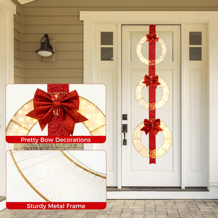 Dreamade Set of 3 Pre-Lit Wreaths, 5.8 FT Xmas Light-up Decorations on Red Ribbon with 450 LED Lights