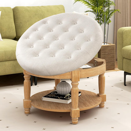 Dreamade Large Ottoman Coffee Table - 29 inch Oversized Round Ottoman with Storage Shelf, Flip up Top, Wood Legs