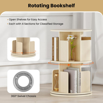 Dreamade 2-Tier Rotating Bookshelf 360° Display Rack w/Dividers & Anti-Falling Baffles