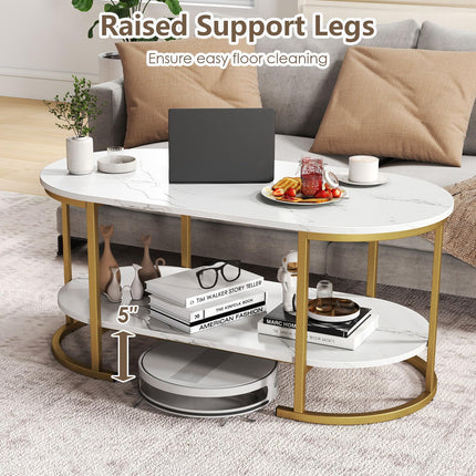 Dreamade 2-Tier Coffee Table Oval Center Table with Wood Grain Top & Open Storage Shelf