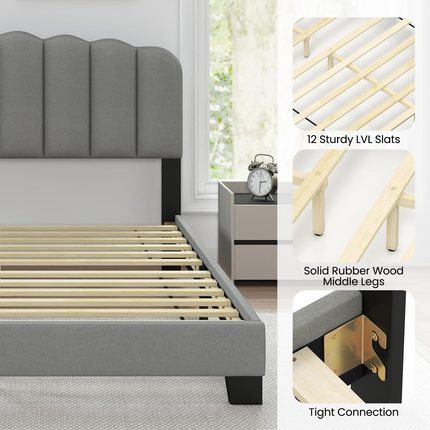 Dreamade Queen Bed Frame Linen Upholstered Platform Bed with Adjustable Scalloped Tufted Headboard