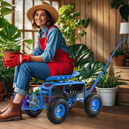 Dreamade Garden Cart, 4-Wheel Gardening Workseat with Storage Basket