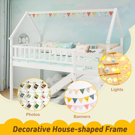 Dreamade House Bunk Bed Twin Over Twin with Slide and Stairs
