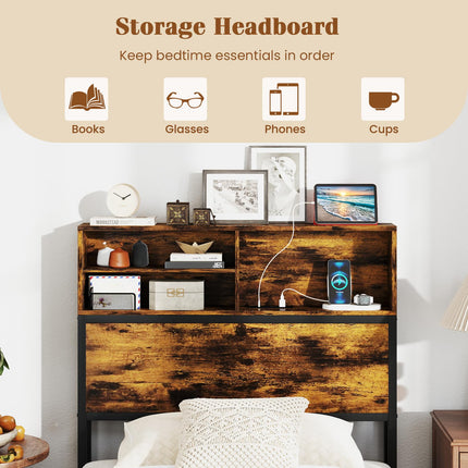 Dreamade King/Queen/Twin Size Bed Frame with Storage Headboard and Charging Station, Industrial Metal Platform Bed