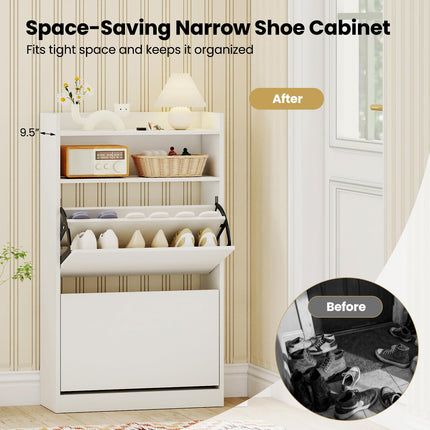 Dreamade Shoe Cabinet with 2 Flip Drawers Freestanding Narrow Shoe Organizer Cabinet