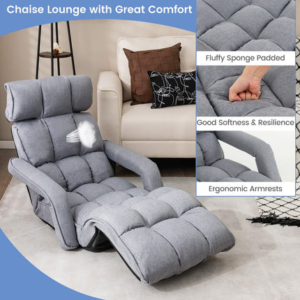Dreamade Foldable Lazy Sofa Bed, 6-Position Adjustable Floor Chair Chaise Lounge with Armrest and Footrest (Gray)