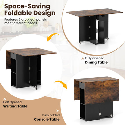 Dreamade 47.5" Folding Dining Table | Drop Leaf Wooden Dinner Table with 2-Tier Storage Shelf and Drawer