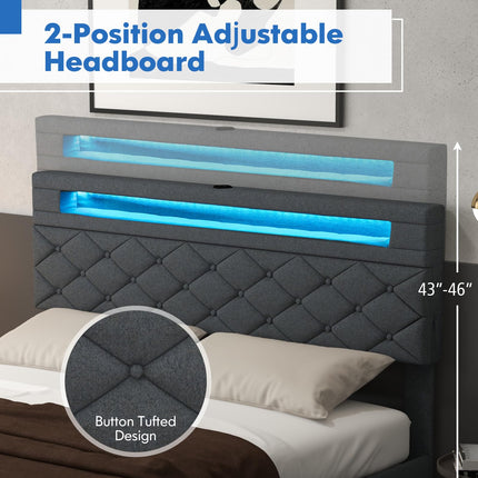 Dreamade Queen/Full Size Bed Frame with Storage Headboard and 4 Drawers, Modern Upholstered Platform Bed with Charging Station