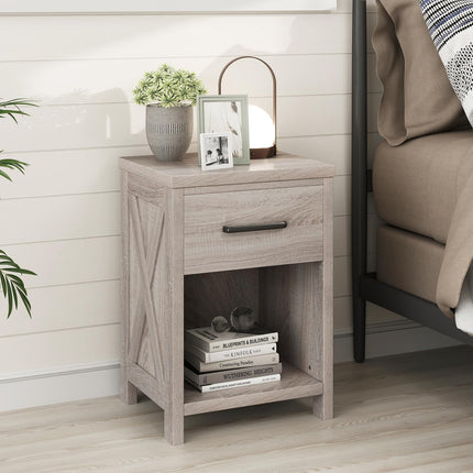 Dreamade Wooden Bedside Table with Storage Drawer and Open Shelf