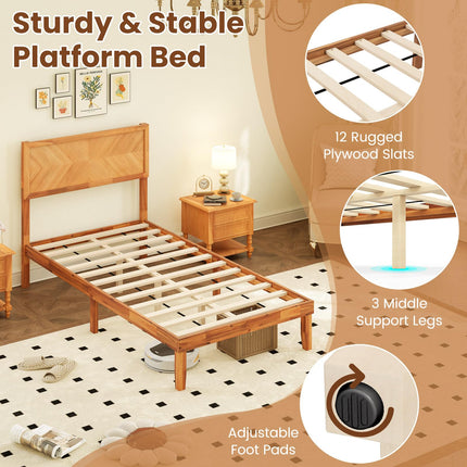 Dreamade Wood Twin Bed/Full Size Bed/Queen Bed Frames with Headboard, Solid Acacia Wood Platform Bed with 12 Strong Wooden Slat Support