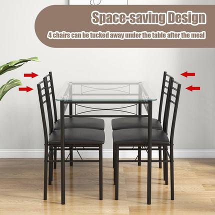 Dreamade 5 Piece Dining Table Set, Kitchen Dining Set with Tempered Glass Table Top and 4 Upholstered Chairs (Black)
