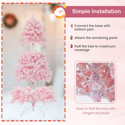 Dreamade 6FT Pink Pre-lit Christmas Tree, Hinged Snow Flocked Artificial Xmas Tree, Seasonal Holiday Decoration for Office Home