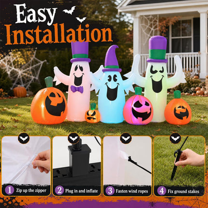 DREAMADE 8 FT Halloween Inflatable, 3 Ghosts & 4 Pumpkins Yard Decoration