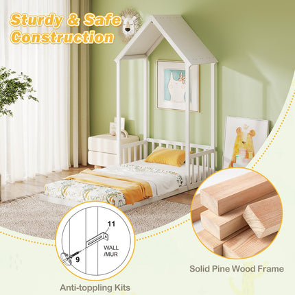 Dreamade Twin Size House Bed Montessori Floor Bed with House Shape Roof & Semi-Fence