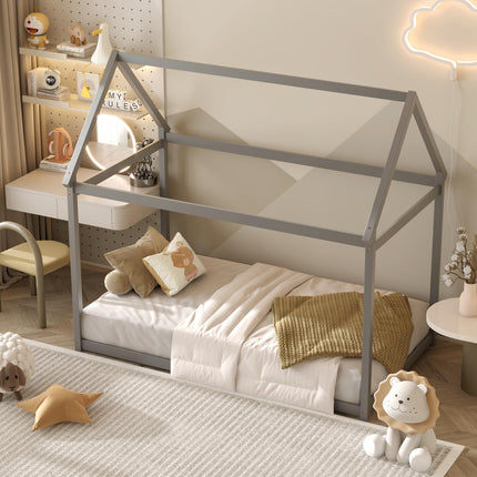 Dreamade Twin House Bed, Wood Montessori Bed Frame with House Roof Canopy