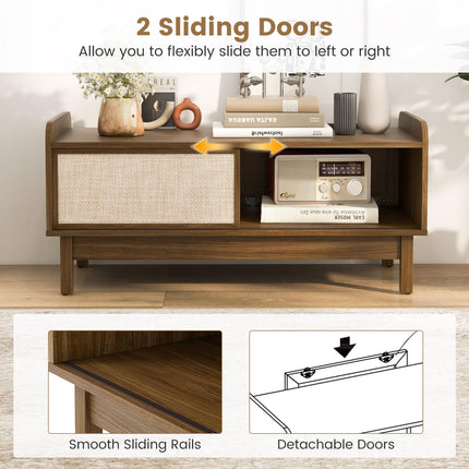 Dreamade Coffee Table with Storage and Sliding Doors, Mid-Century Modern Coffee Table with Adjustable & Removable Shelf