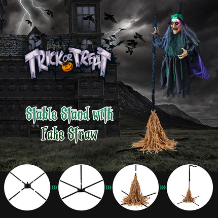 Dreamade Witch with Broomstick Halloween Animatronic, Life Size Animated Halloween Prop with Laughing and Screaming Sound
