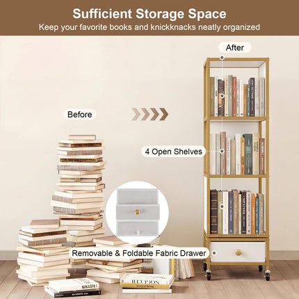 Dreamade 4-Tier Rotating Bookshelf | 360° Spinning Corner Book Shelf Tower W/Removable Fabric Storage Drawer
