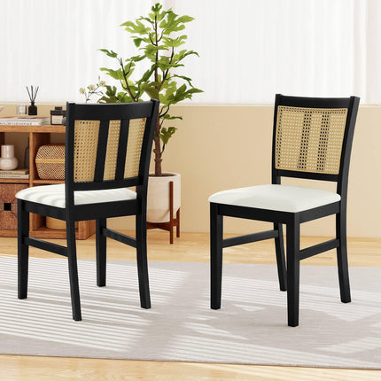 Dreamade Rattan Dining Chairs Set of 2/4 Farmhouse Fabric Upholstered Kitchen Chairs with Rubber Wood Legs