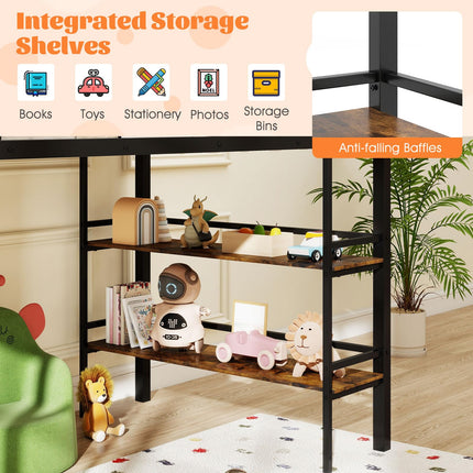 Dreamade Low Loft Bed Twin Size Heavy Duty Metal Frame w/Storage Shelves