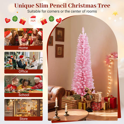 Dreamade 5ft / 6ft Pink Slim Pencil Christmas Tree | Snow Flocked Skinny Xmas Full Tree