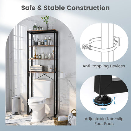 Dreamade Over The Toilet Storage Rack, 4-Tier Wooden Bathroom Space Saver w/Metal Frame & 2 Hooks