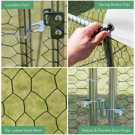 Dreamade Metal Chicken Coop, Galvanized Walk-in Chicken Run with Waterproof PE Cover, Dome