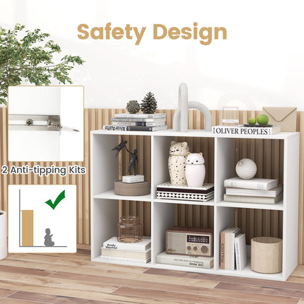 Dreamade 6-Cube Bookcase, White Cubby Bookshelf w/Back Guardrail & Anti-Tipping Kits