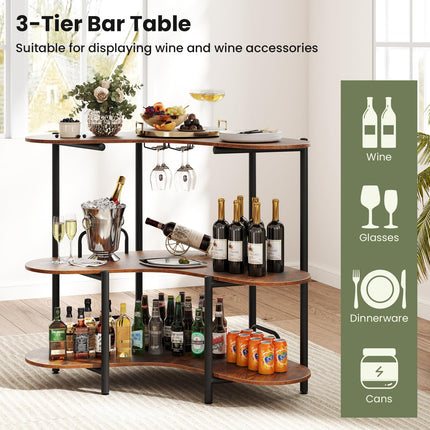 Dreamade 3-Tier Bar Table, Corner Bar Cabinet, Liquor Home Bar Unit with Stemware Racks & Storage Shelves