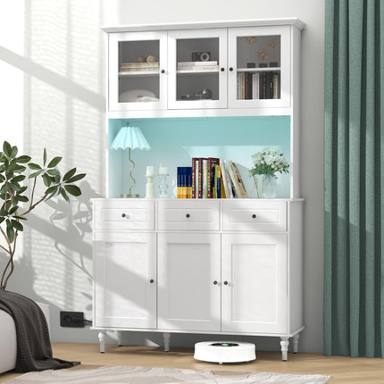 Dreamade Pantry Cabinet, 77” Tall Buffet Cabinet with Hutch, LED Lights & Charging Station
