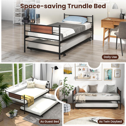 Dreamade Metal Daybed with Trundle, Twin Size Day Bed with Wood Grain Headboard & Metal Slat Support
