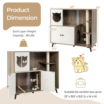 Dreamade Cat Litter Box Enclosure - Wooden Cat House Washroom Hidden Furniture with Cat Tree
