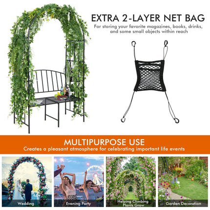 Dreamade 81in Metal Garden Arch with Bench, Outdoor Garden Arbor Archway Trellis for Climbing Plants Vines