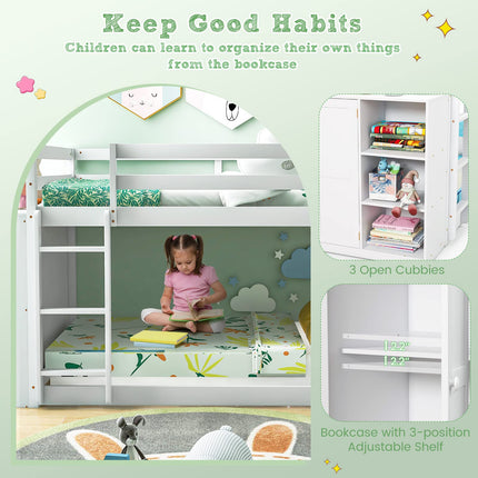Dreamade Twin Over Twin Bunk Bed with Storage Shelves, Solid Wood Bunk Bed Frame with Convertible Bookcase & Ladder, White