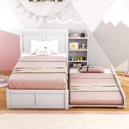 Dreamade Full Bed Frame with Twin Trundle, Wooden Bed Wooden Bed Frame with 2 Rolling Bookcases & High Headboard