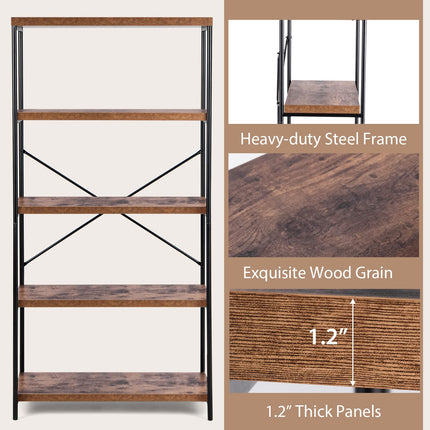 Dreamade Industrial 5-Tier Wood Bookshelf - 63’’ Tall Open Storage Organizer Shelves with Anti-Tipping Device and Foot Pads