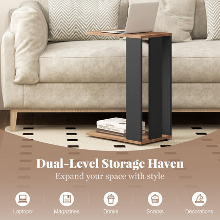 Dreamade C Shaped End Table, 2-Tier Sofa Side Table with Universal Wheels & Storage Shelf