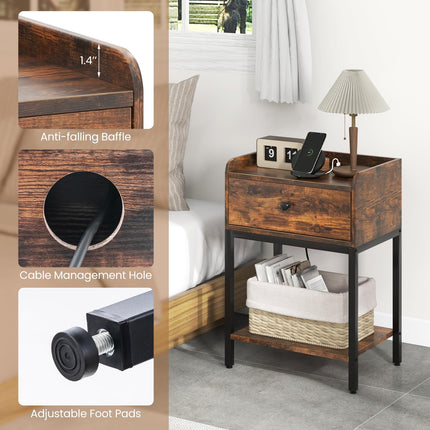 Dreamade Nightstand with Charging Station, Industrial Bedside Table with Storage Drawer & Open Shelf