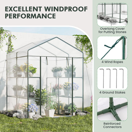Dreamade Walk-in Greenhouse w/ 3 Tiers 4 Shelves, 4 Ground Stakes & Ropes, PVC Cover