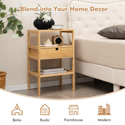 Dreamade Nightstand Set of 1/2, Bamboo End Table with Drawer and 2 Open Shelves