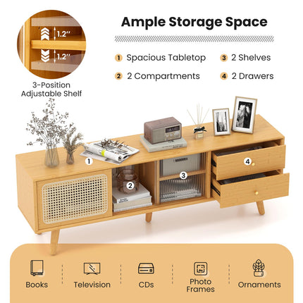 Dreamade Bamboo TV Stand for 55 60 65 Inch TV, PE Rattan Entertainment Center with Sliding Doors