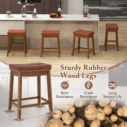 Dreamade Bar Stools Set, 25" Counter Height Bar Stools w/Saddle Seat, Footrest, Rivet, Button Tufted, Rubber Wood Frame