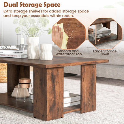 Dreamade Rectangle Wood Center Table, 41" L 2-Tier Large Modern Tea Table w/Open Compartment