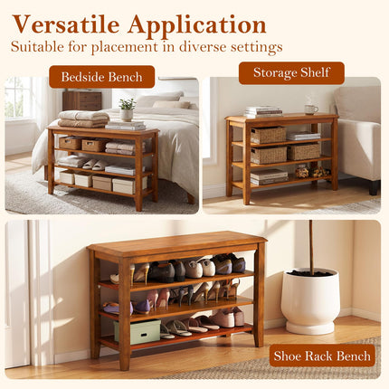 Dreamade 4-Tier Rubber Wood Shoe Rack Bench with Adjustable Shelves