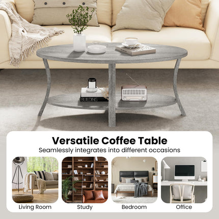 Dreamade 44 Inch Oval Coffee Table 2-Tier Center Table with Storage Shelf & Rubber Wood Frame