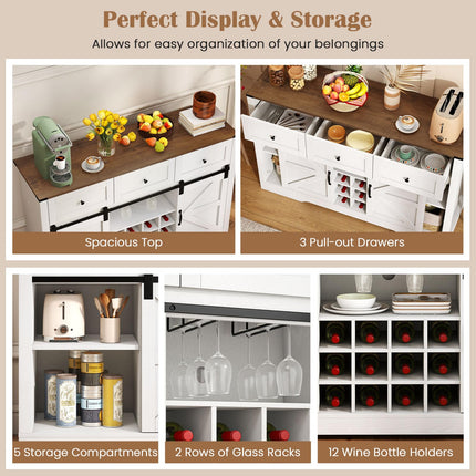 Dreamade Wine Bar Cabinet with LED Lights 52" Buffet Sideboard w/Sliding Barn Door 3 Drawer